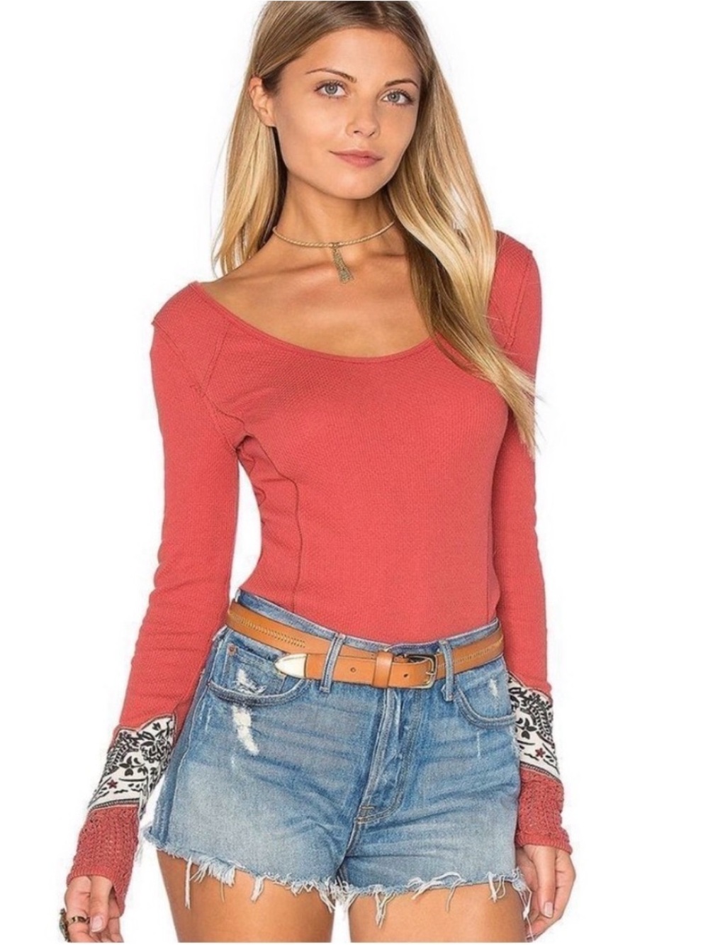 NWOT We The Free Small Bandana Cuff L/S Henly Top in Coral